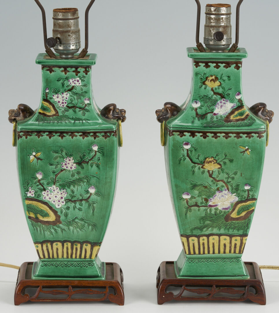 Lot 901: Pr. Chinese Famille Verte Lamps & Blanc de Chine Guanyin