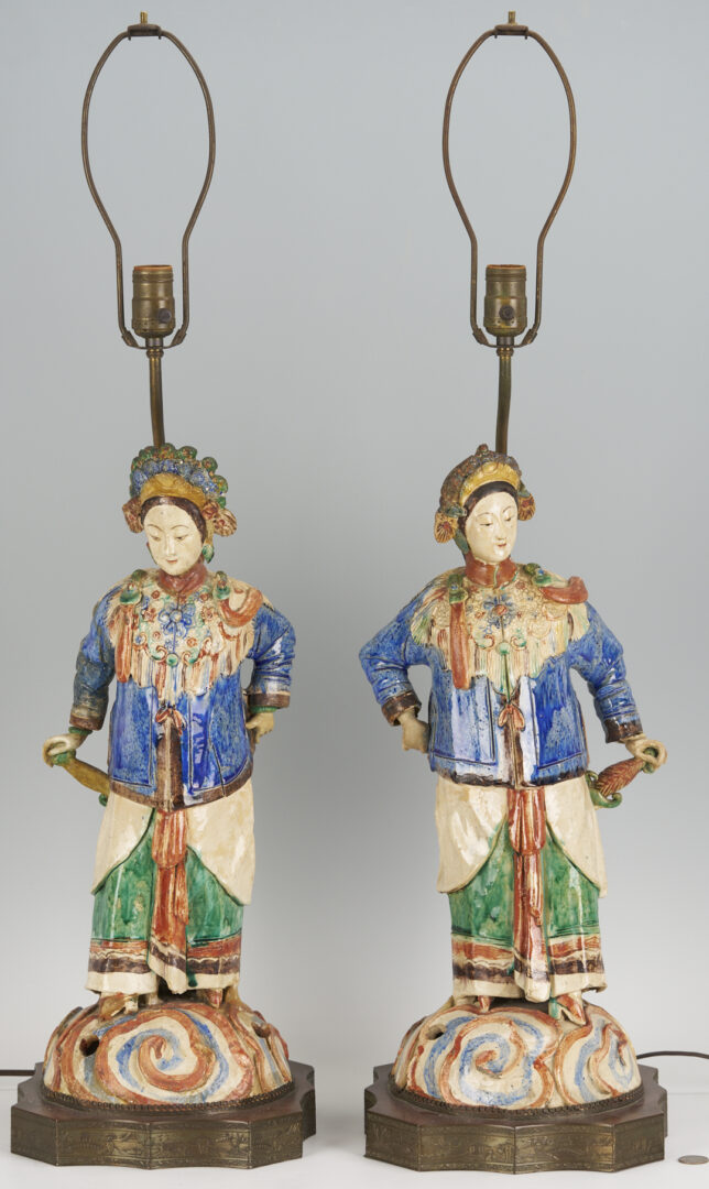 Lot 902: Pair Chinese Figural Roof Tile Lamps