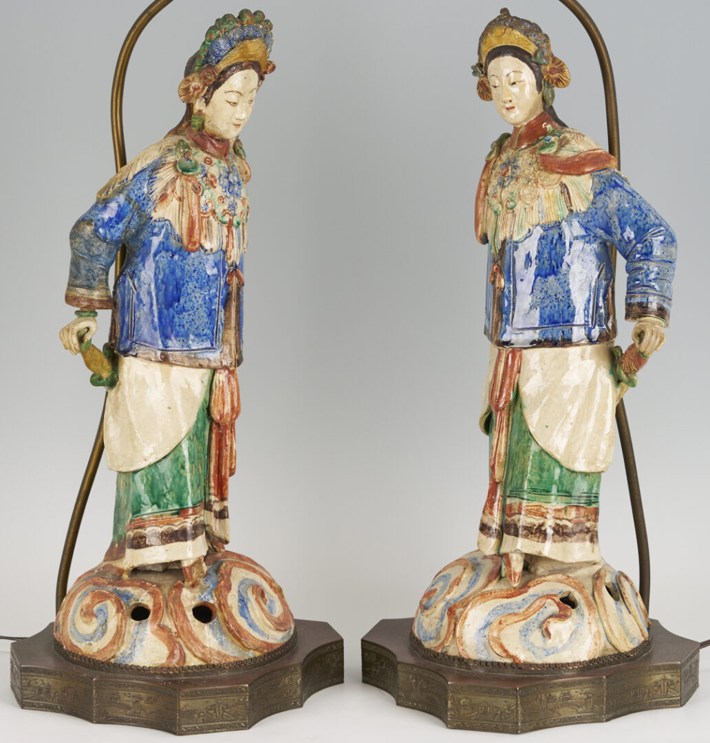 Lot 902: Pair Chinese Figural Roof Tile Lamps
