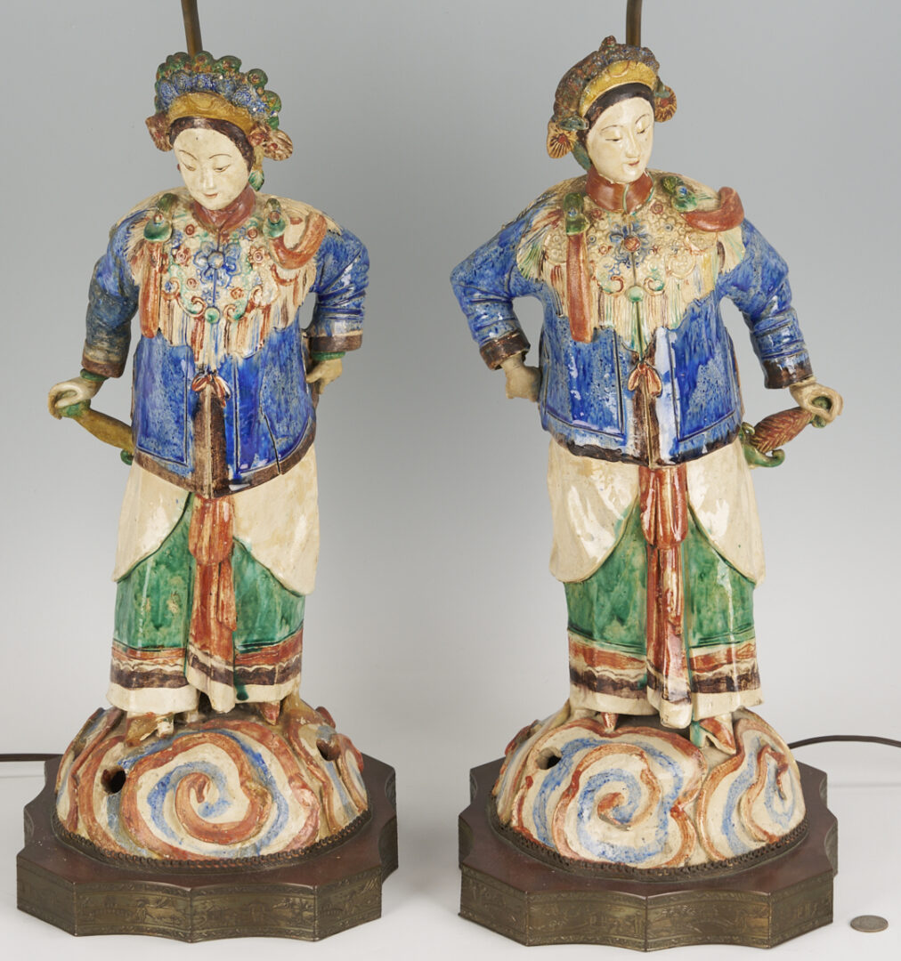 Lot 902: Pair Chinese Figural Roof Tile Lamps