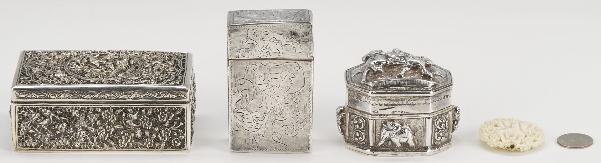 Lot 907: 3 Asian Silver Boxes plus White Coral Carving