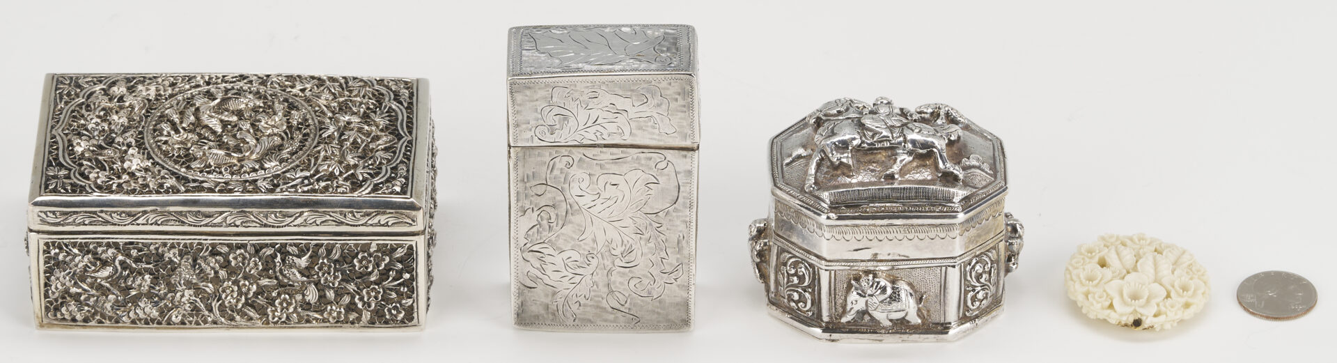 Lot 907: 3 Asian Silver Boxes plus White Coral Carving