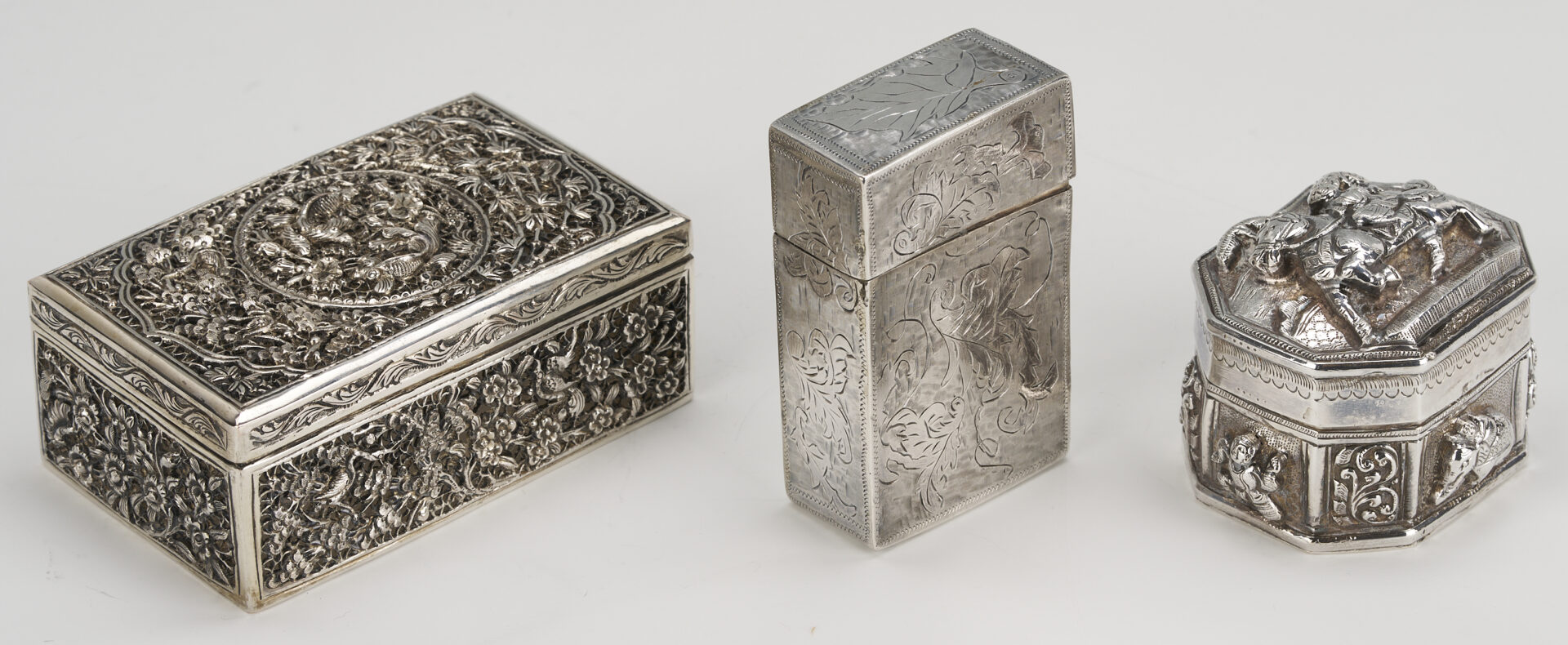 Lot 907: 3 Asian Silver Boxes plus White Coral Carving