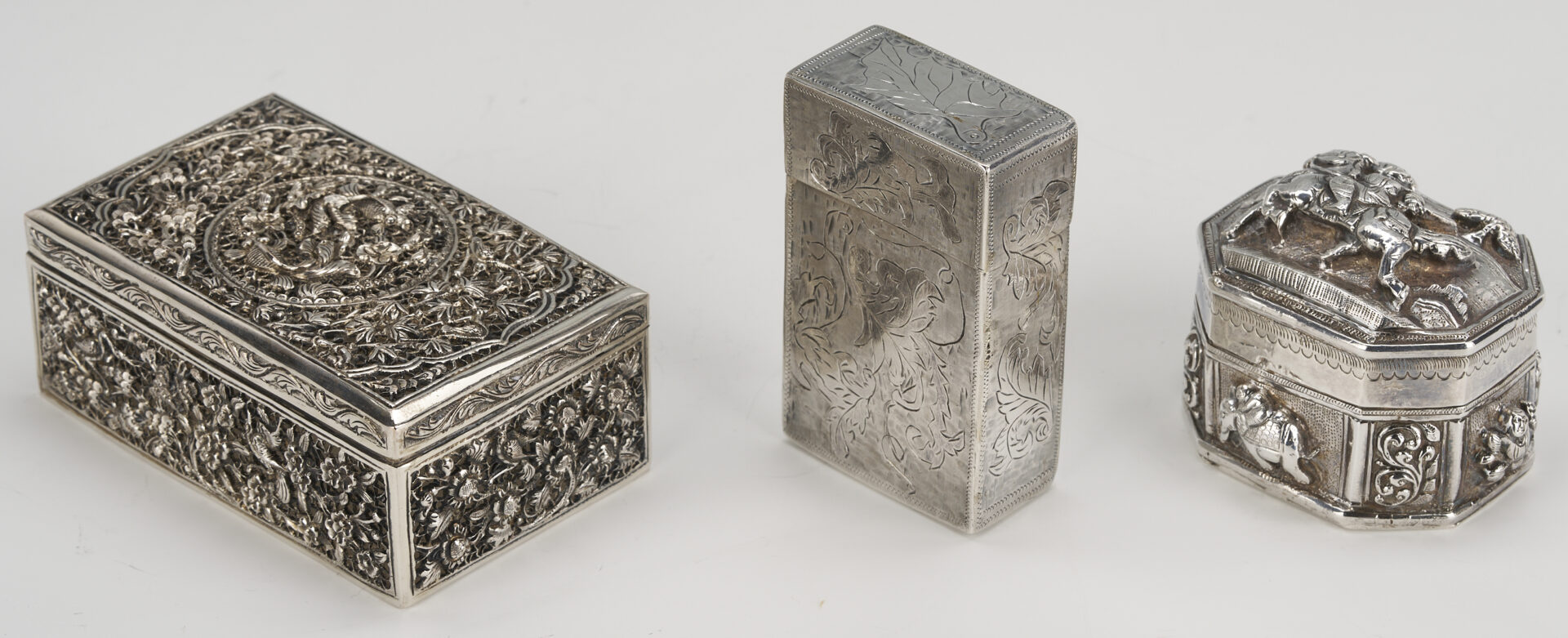 Lot 907: 3 Asian Silver Boxes plus White Coral Carving