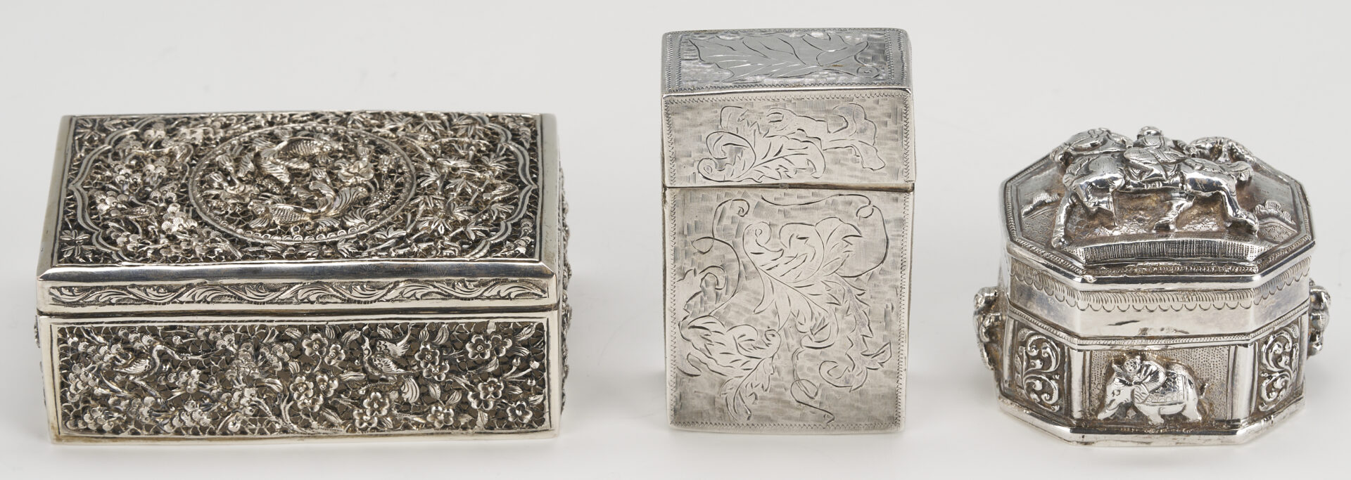 Lot 907: 3 Asian Silver Boxes plus White Coral Carving