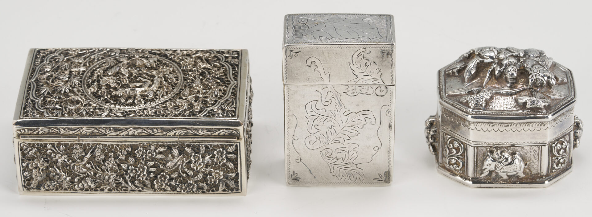 Lot 907: 3 Asian Silver Boxes plus White Coral Carving