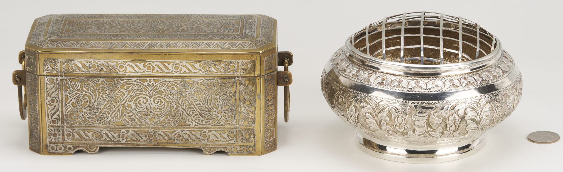 Lot 908: 2 South East Asian Silver  Items: Inlaid Box & Flower Frog Bowl