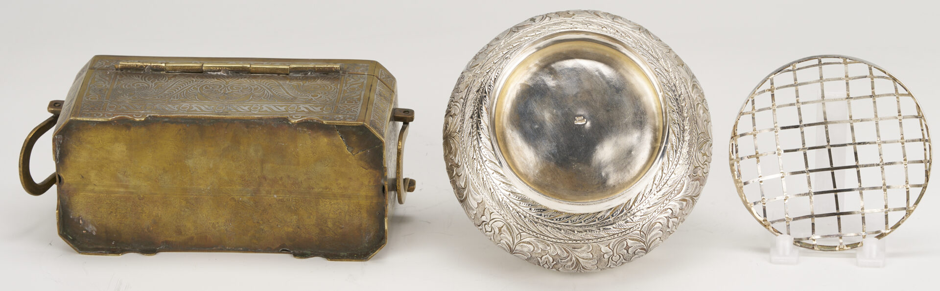 Lot 908: 2 South East Asian Silver  Items: Inlaid Box & Flower Frog Bowl