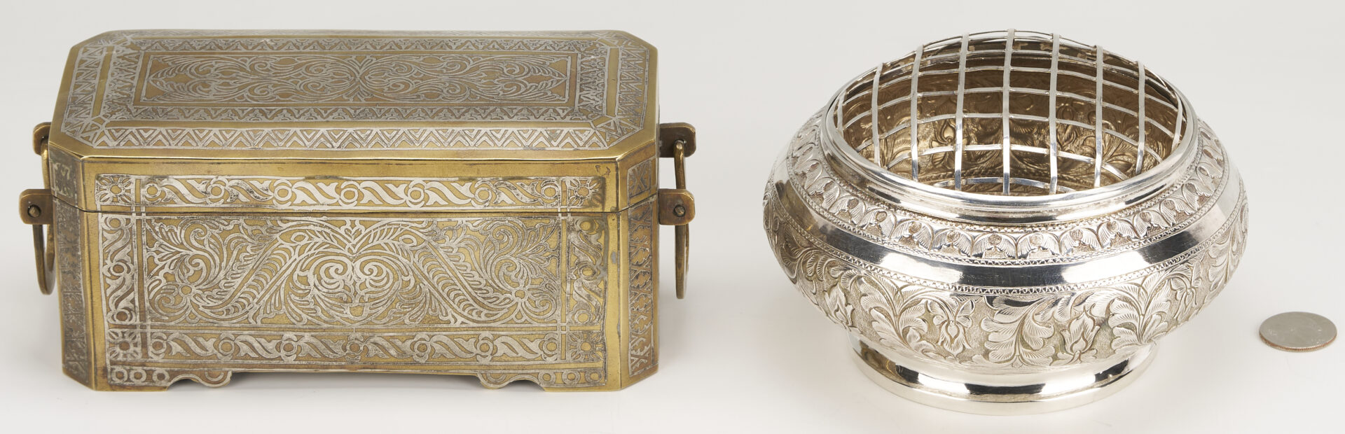 Lot 908: 2 South East Asian Silver  Items: Inlaid Box & Flower Frog Bowl
