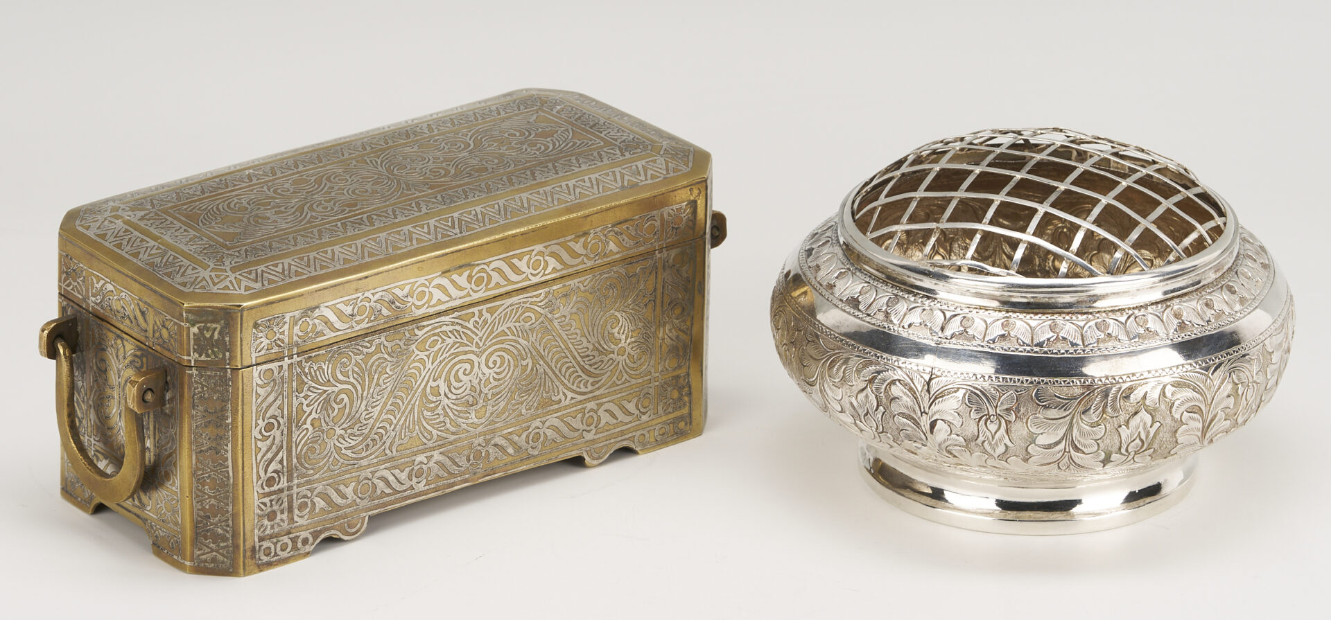 Lot 908: 2 South East Asian Silver  Items: Inlaid Box & Flower Frog Bowl
