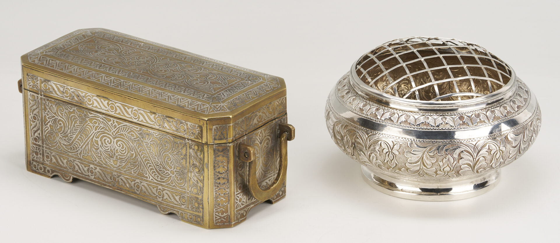 Lot 908: 2 South East Asian Silver  Items: Inlaid Box & Flower Frog Bowl