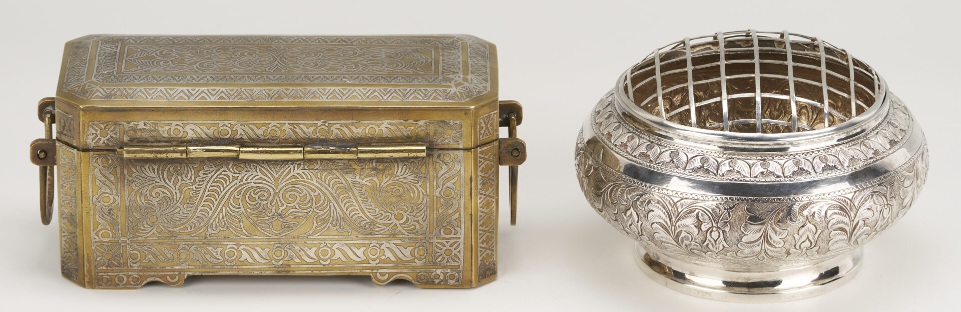 Lot 908: 2 South East Asian Silver  Items: Inlaid Box & Flower Frog Bowl