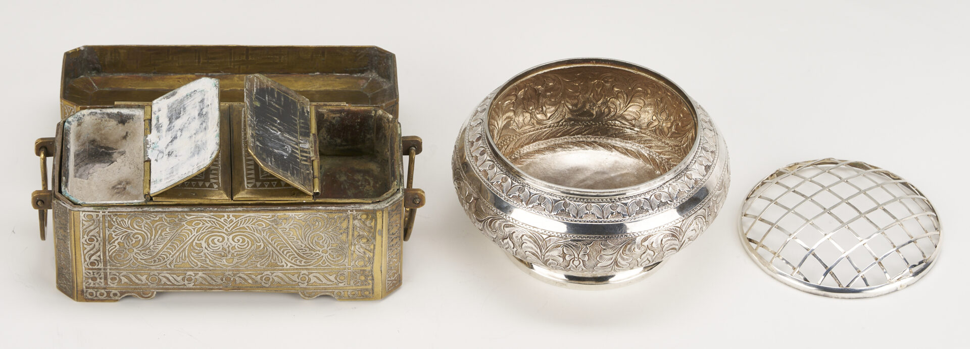 Lot 908: 2 South East Asian Silver  Items: Inlaid Box & Flower Frog Bowl