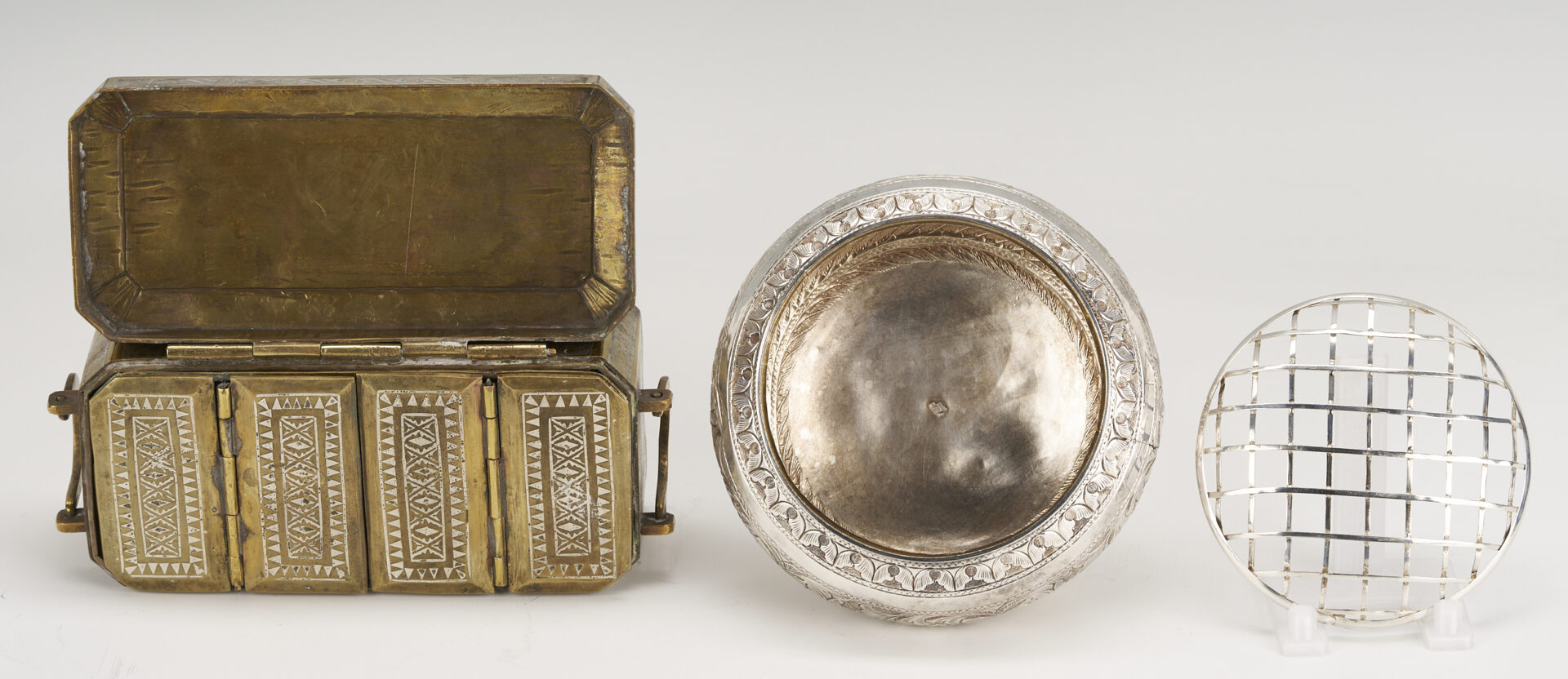 Lot 908: 2 South East Asian Silver  Items: Inlaid Box & Flower Frog Bowl