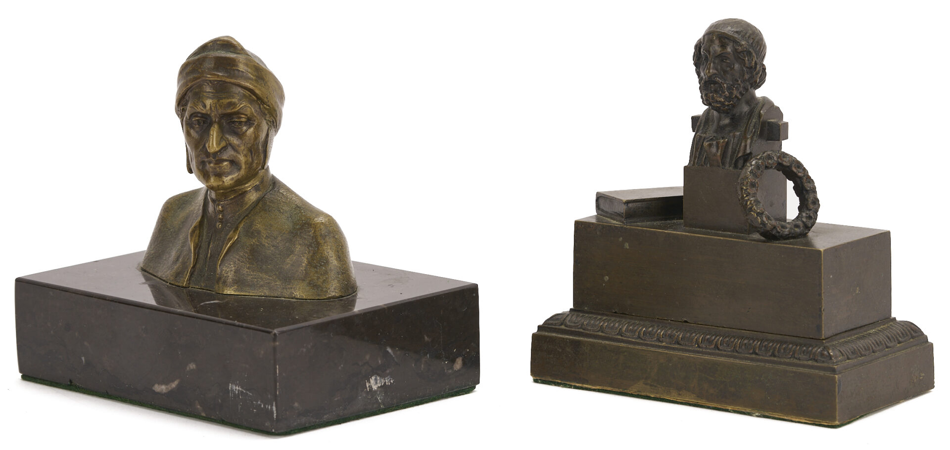 Lot 923: 3 Grand Tour Items: Homer Inkwell, Bronze Bust of Dante & Wax Portrait