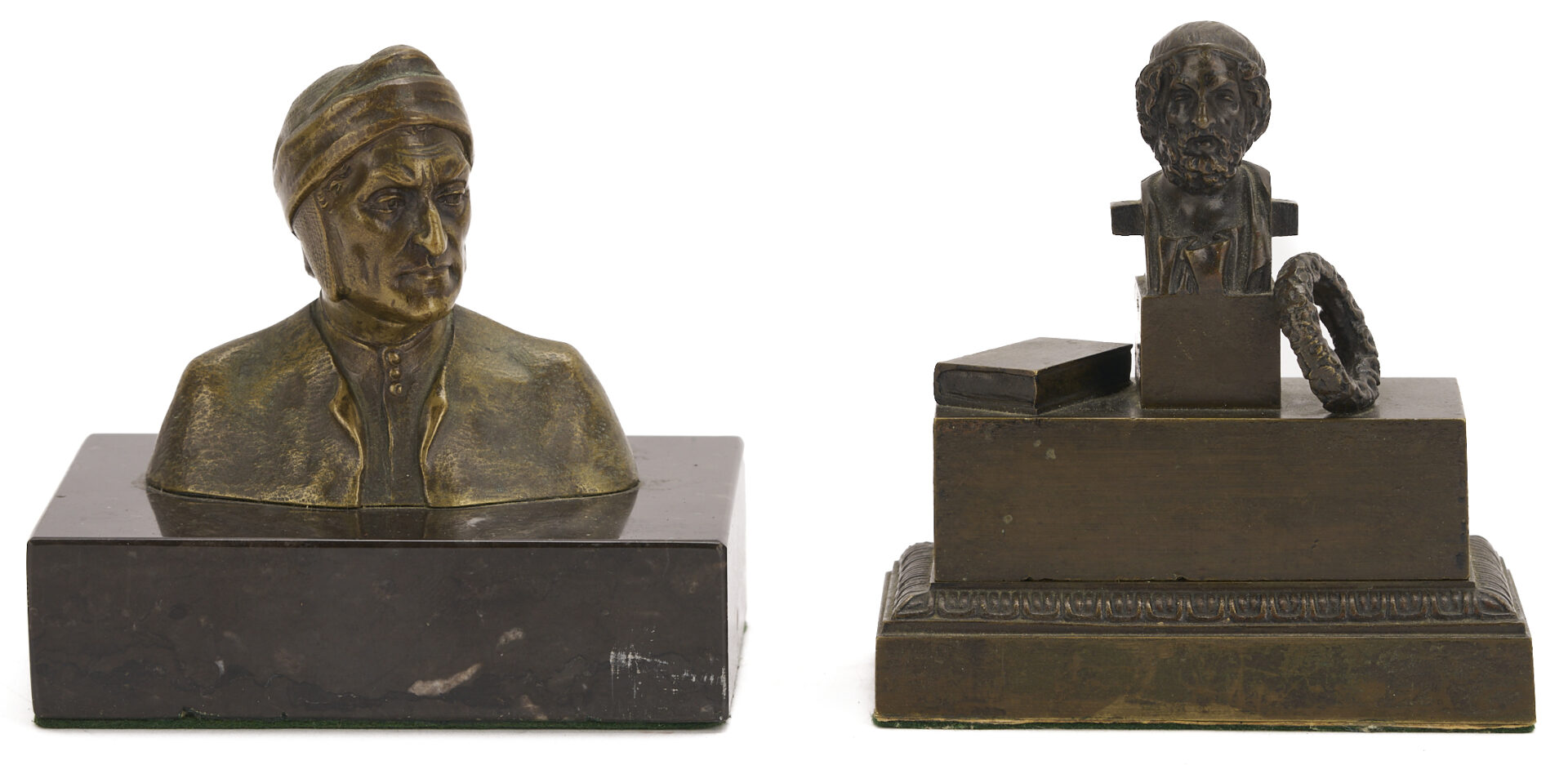 Lot 923: 3 Grand Tour Items: Homer Inkwell, Bronze Bust of Dante & Wax Portrait