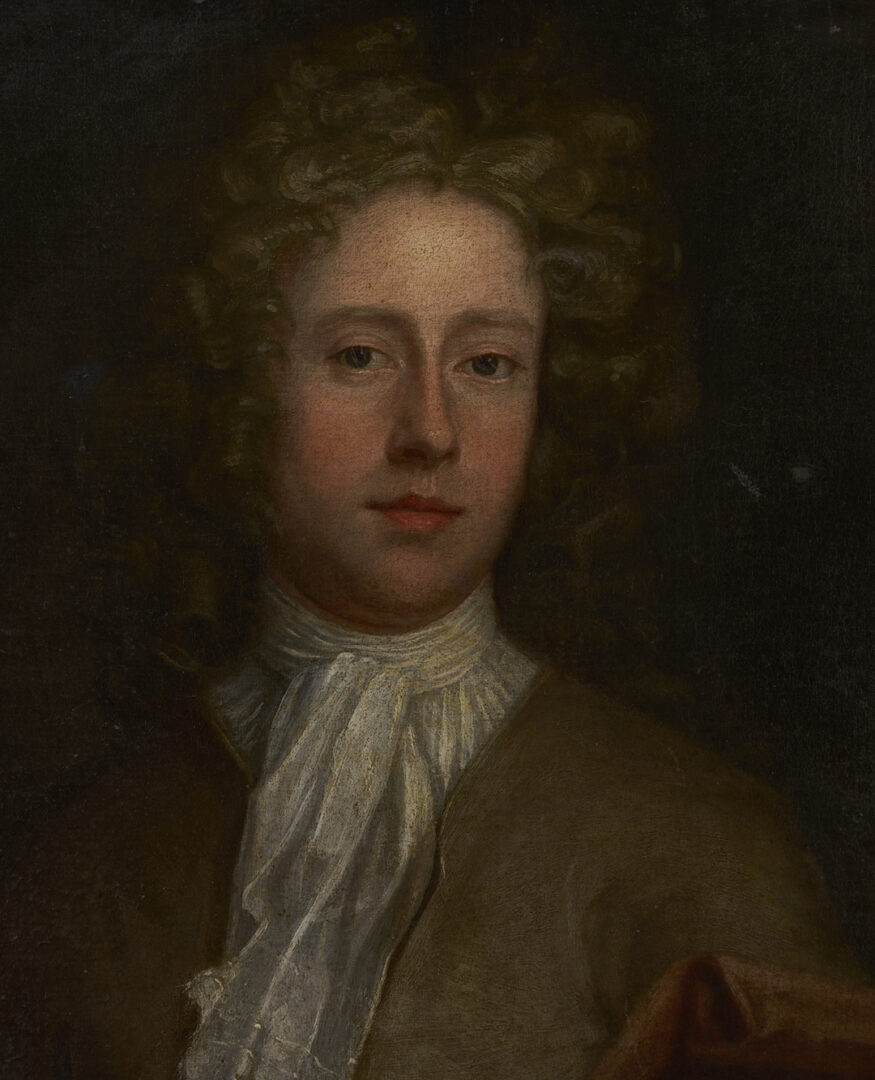 Lot 930: British School 18th C. Portrait, Young Man in an Olive Coat