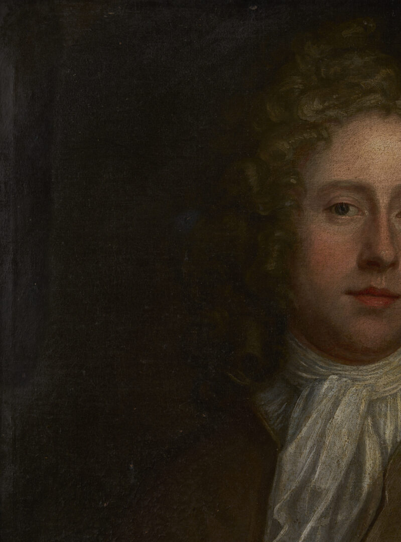 Lot 930: British School 18th C. Portrait, Young Man in an Olive Coat