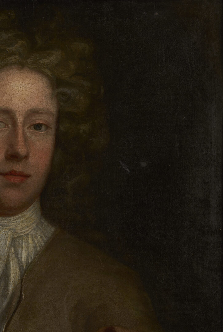 Lot 930: British School 18th C. Portrait, Young Man in an Olive Coat