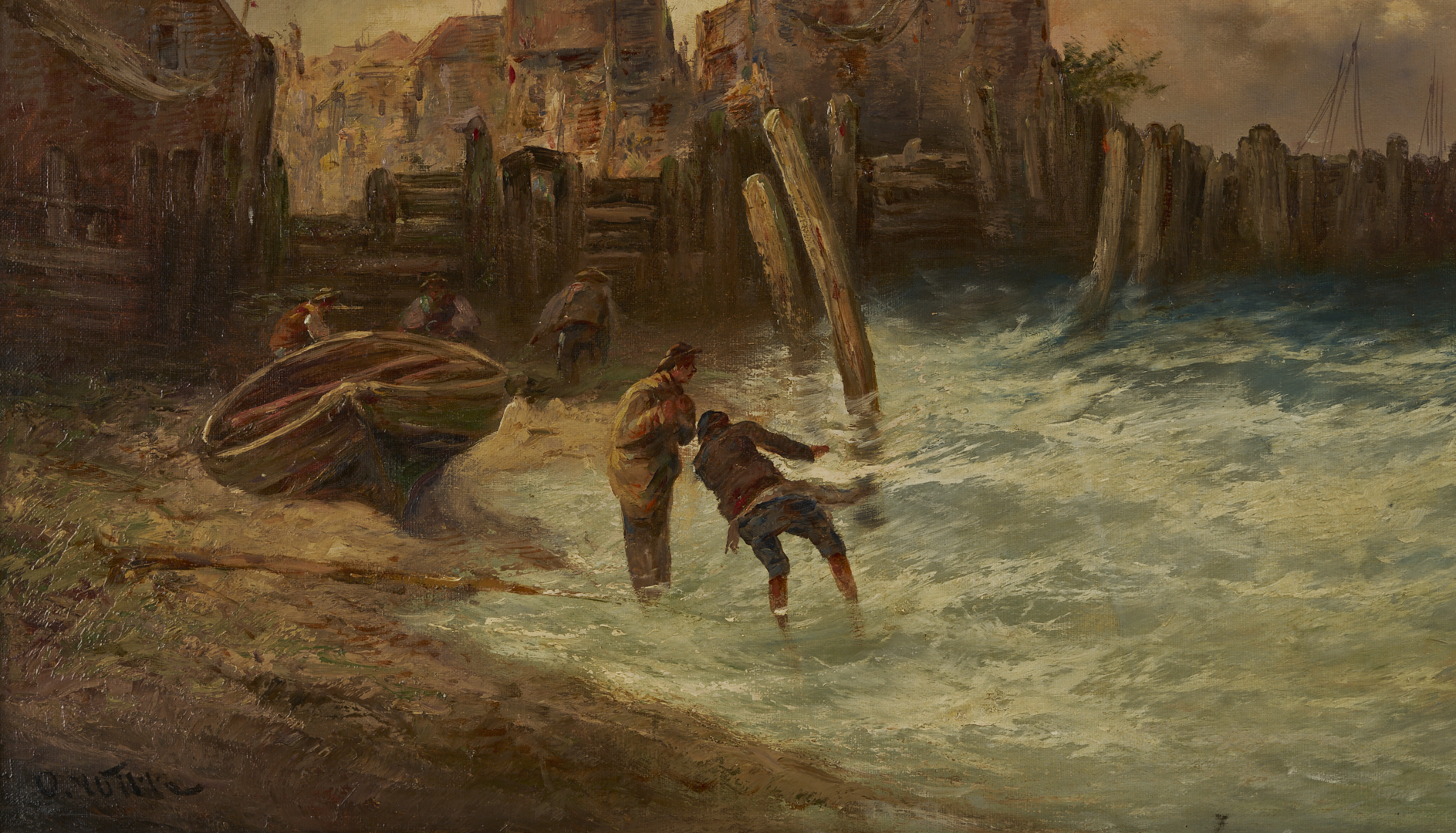 Lot 931: Continental O/C Painting, Harbor Scene