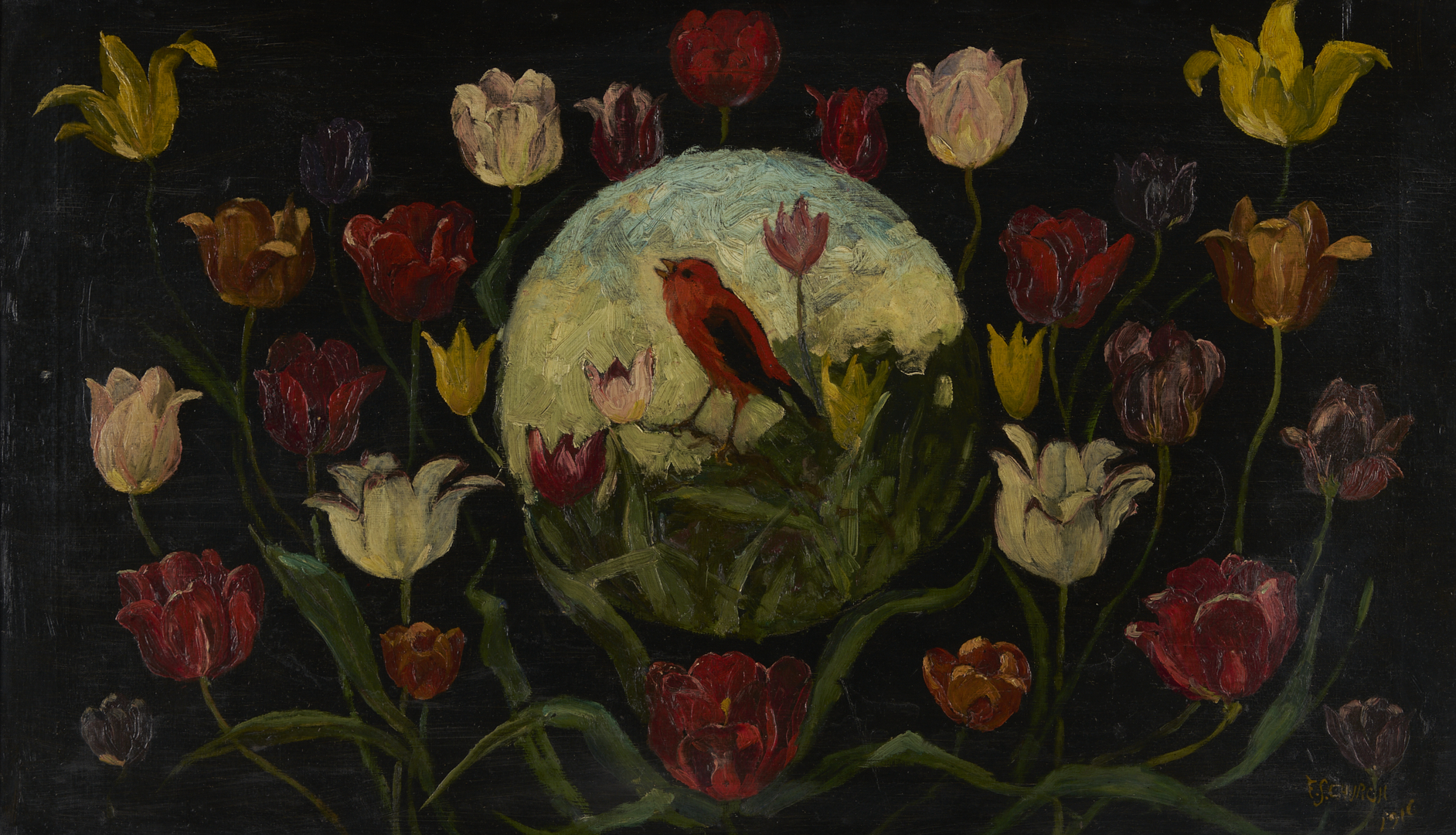 Lot 947: Frederick Stuart Church O/C Painting, Bird in Tulips