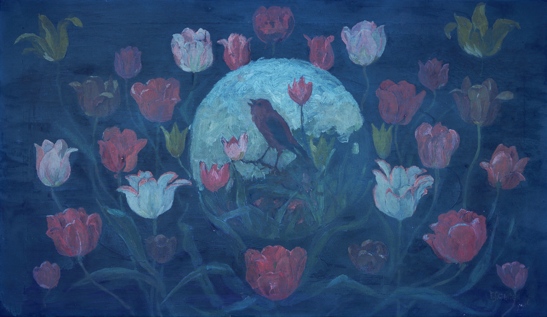 Lot 947: Frederick Stuart Church O/C Painting, Bird in Tulips