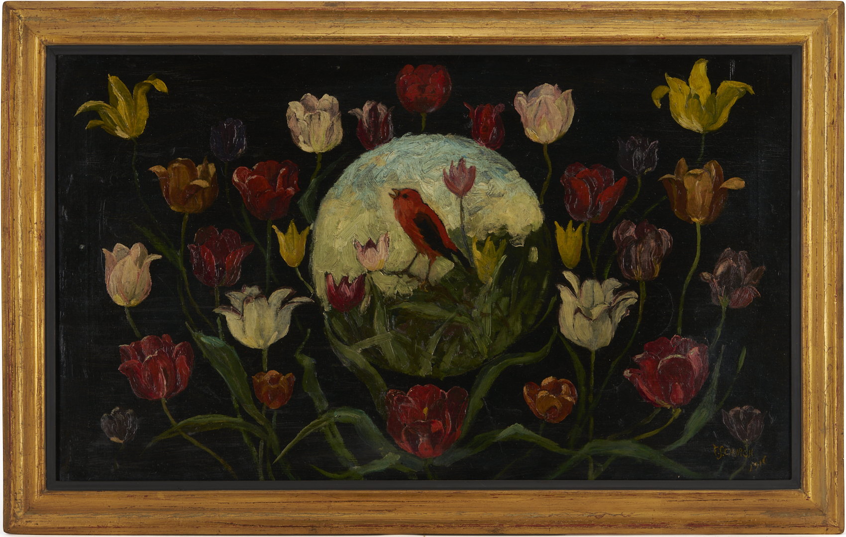 Lot 947: Frederick Stuart Church O/C Painting, Bird in Tulips