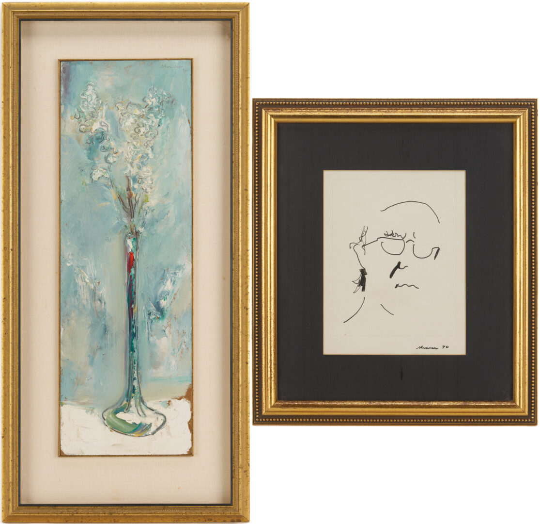 Lot 950: Sterling Strauser Narrow Blue Floral Painting plus Self Portrait