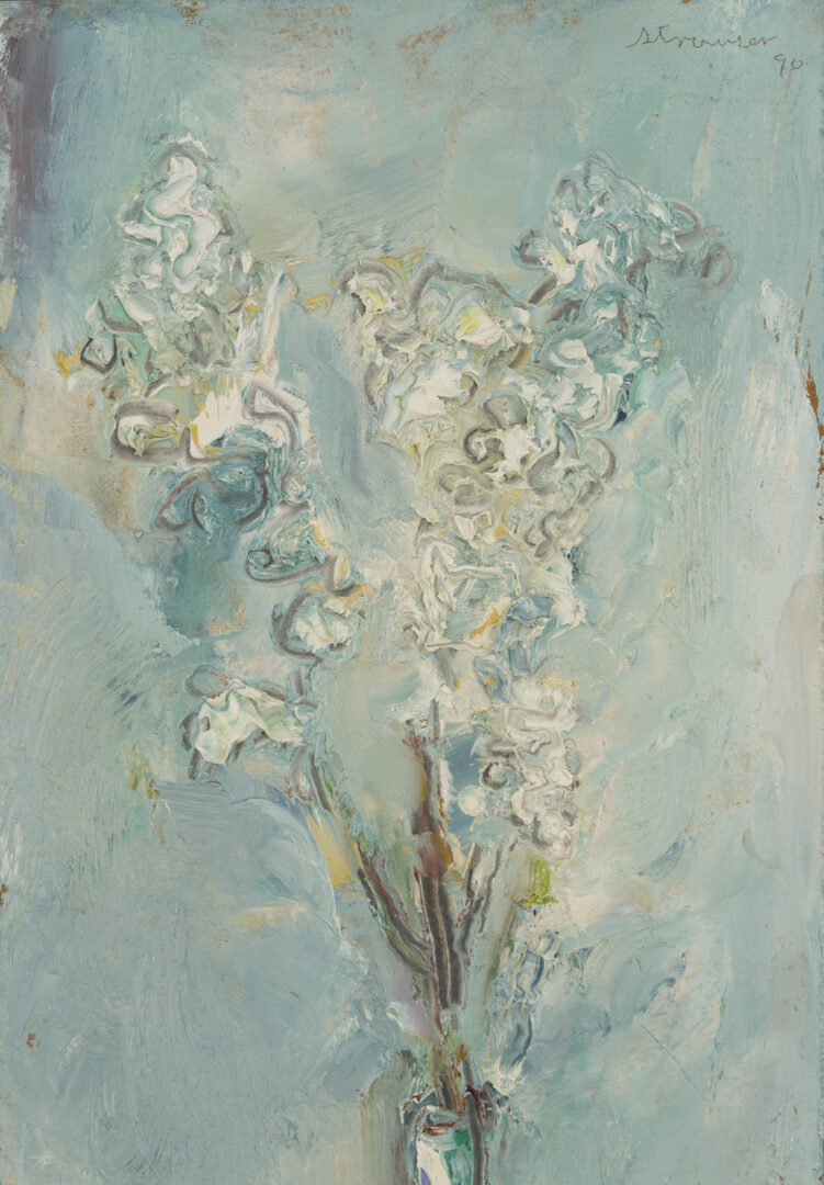 Lot 950: Sterling Strauser Narrow Blue Floral Painting plus Self Portrait