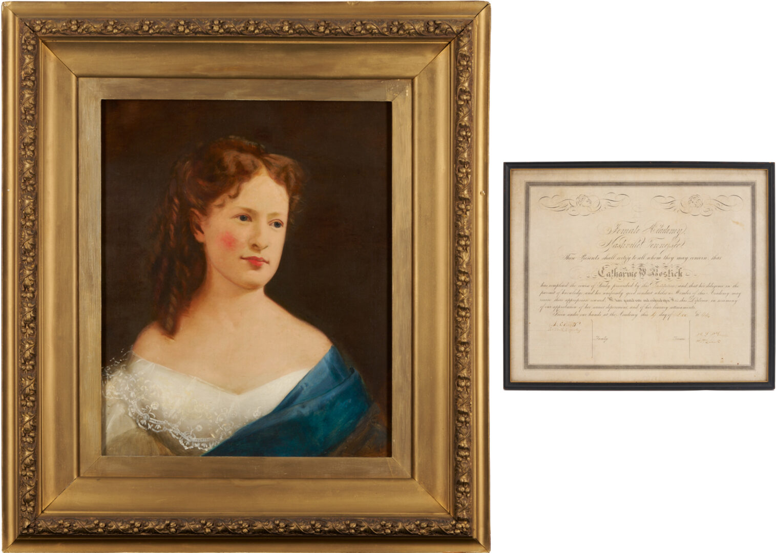 Lot 961: Portrait of Mary Halbert Lewis of Nashville & Nashville Female Academy Diploma