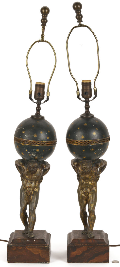 Lot 969: Pair of Gilt and Patinated Bronze Atlas Lamps