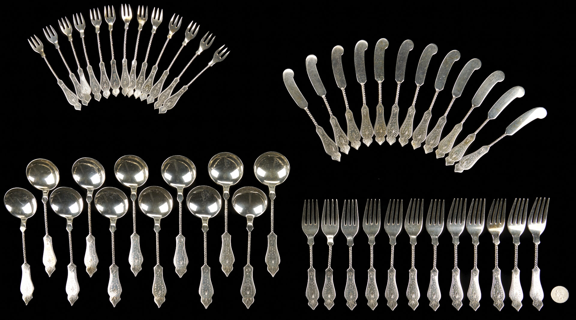 Lot 96: 49 pcs New Orleans Silversmiths Sterling Flatware, Twist Stems, incl. Gumbo Spoons