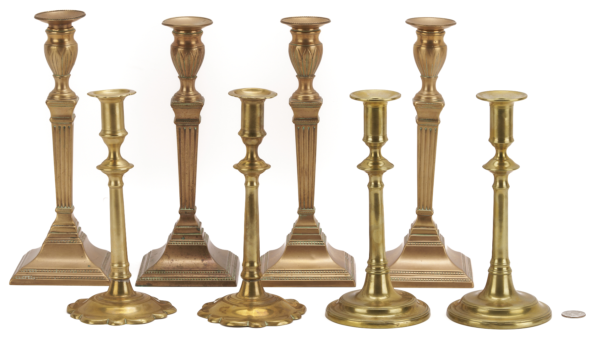 Lot 970: 8 Antique Brass Candlesticks