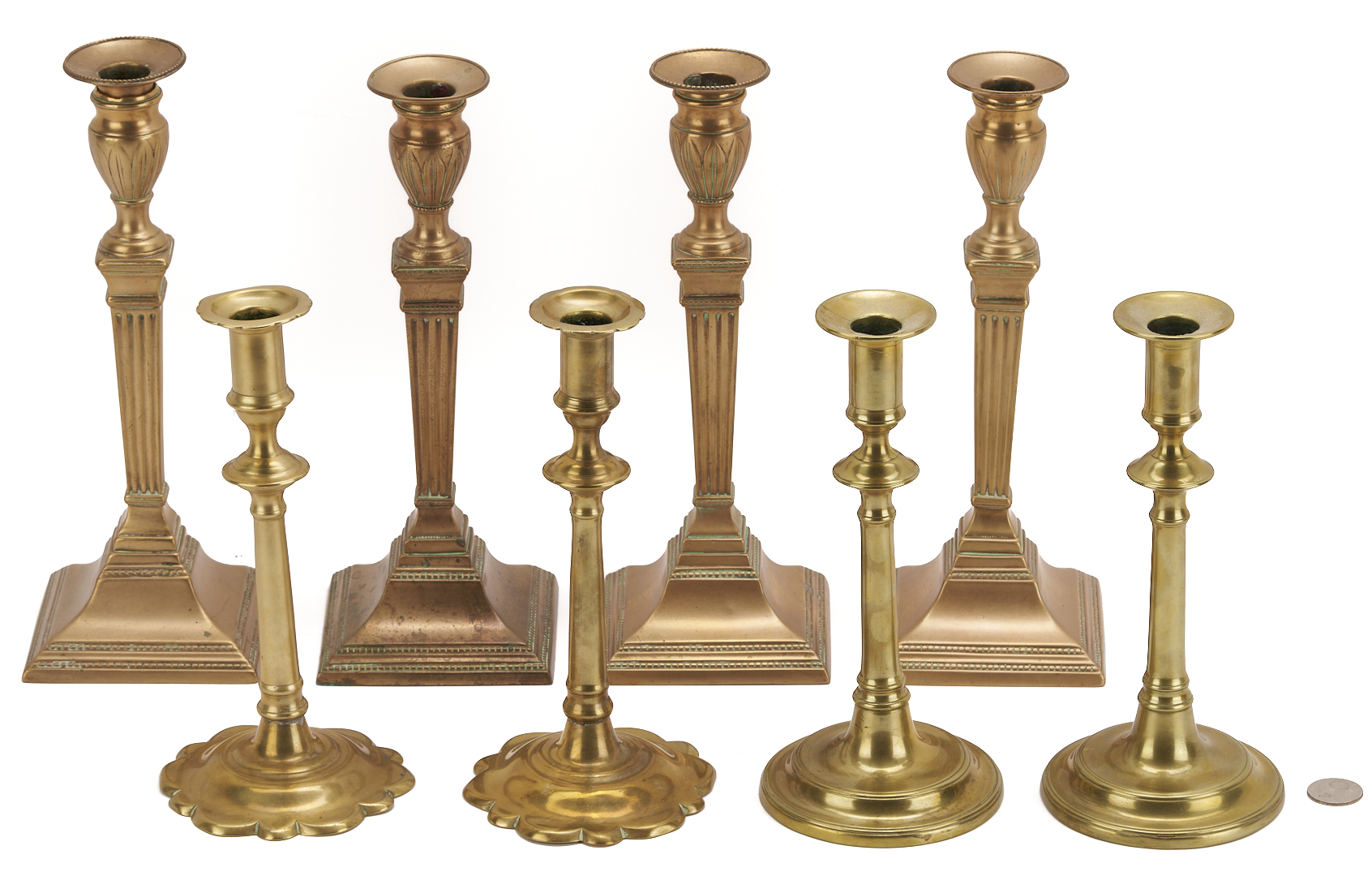 Lot 970: 8 Antique Brass Candlesticks