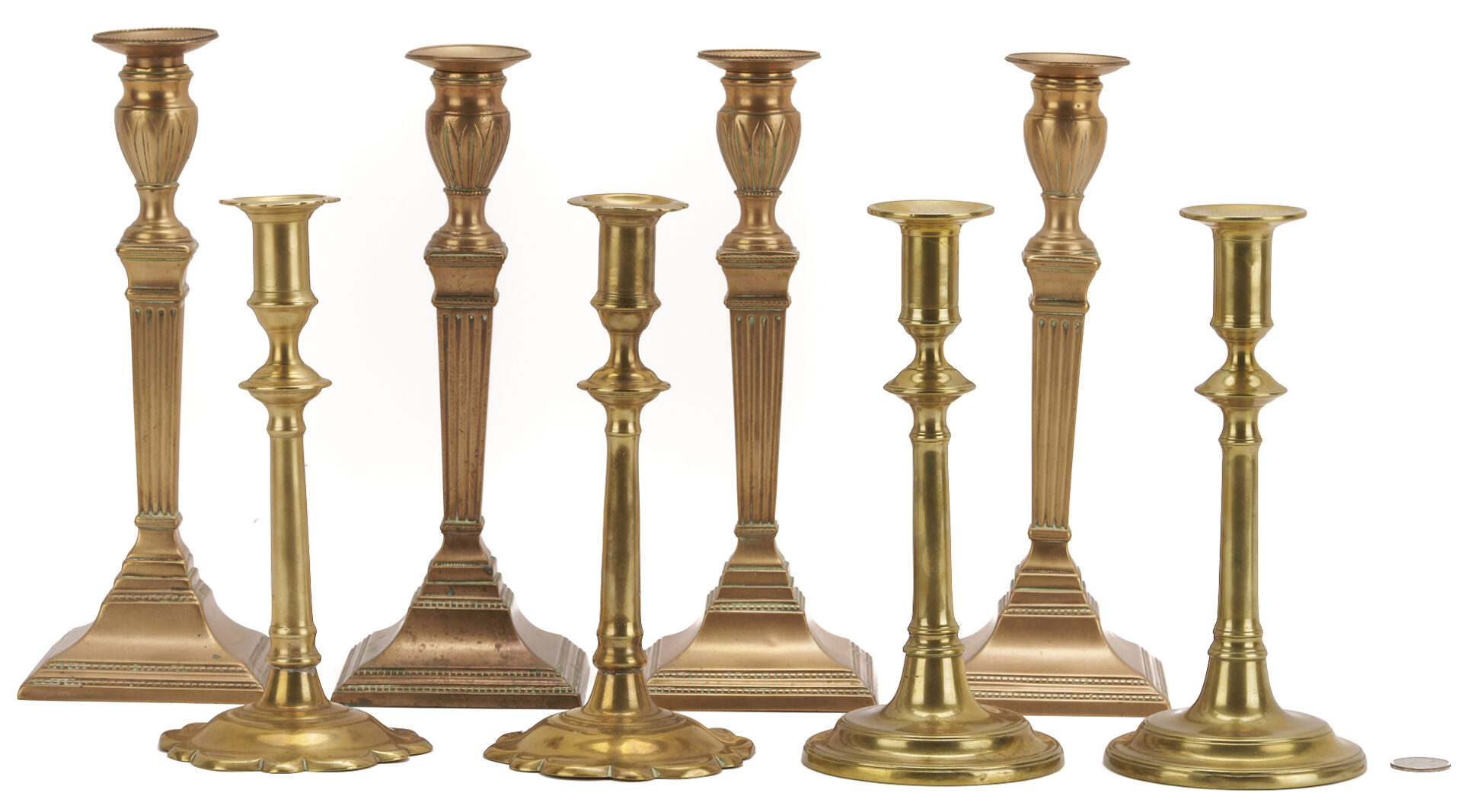 Lot 970: 8 Antique Brass Candlesticks