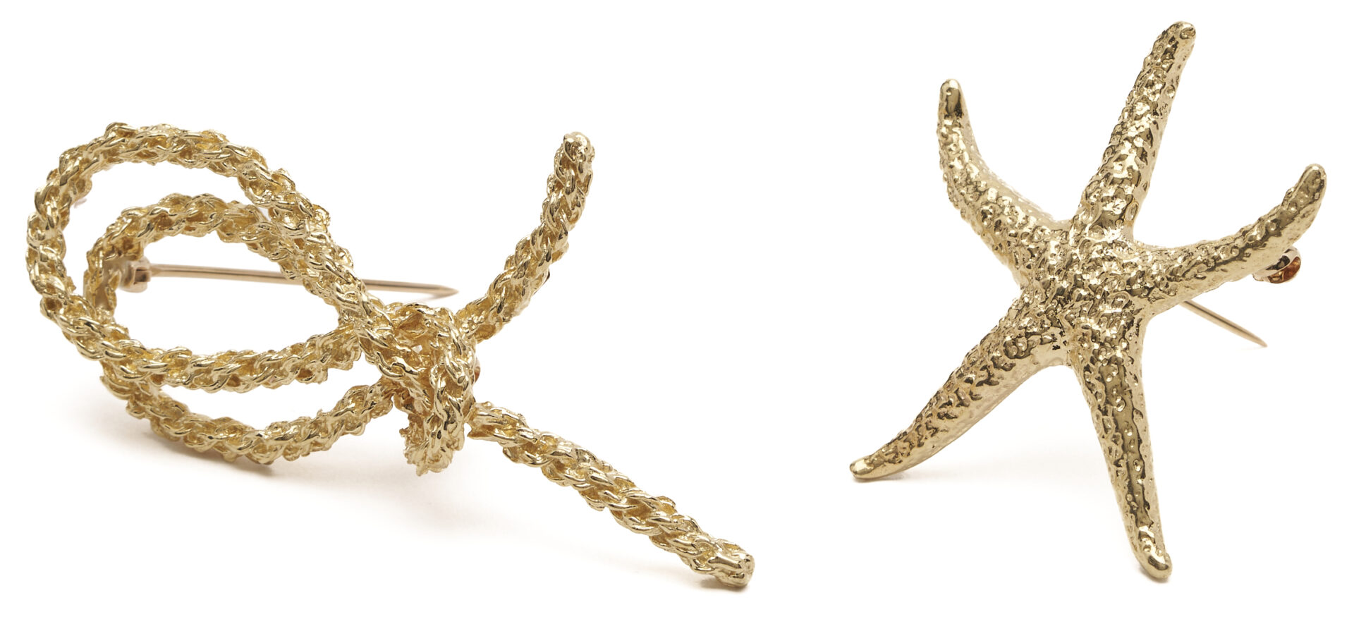 Lot 972: 14K Gold Rope Bow Brooch & 14K TLK Starfish Brooch