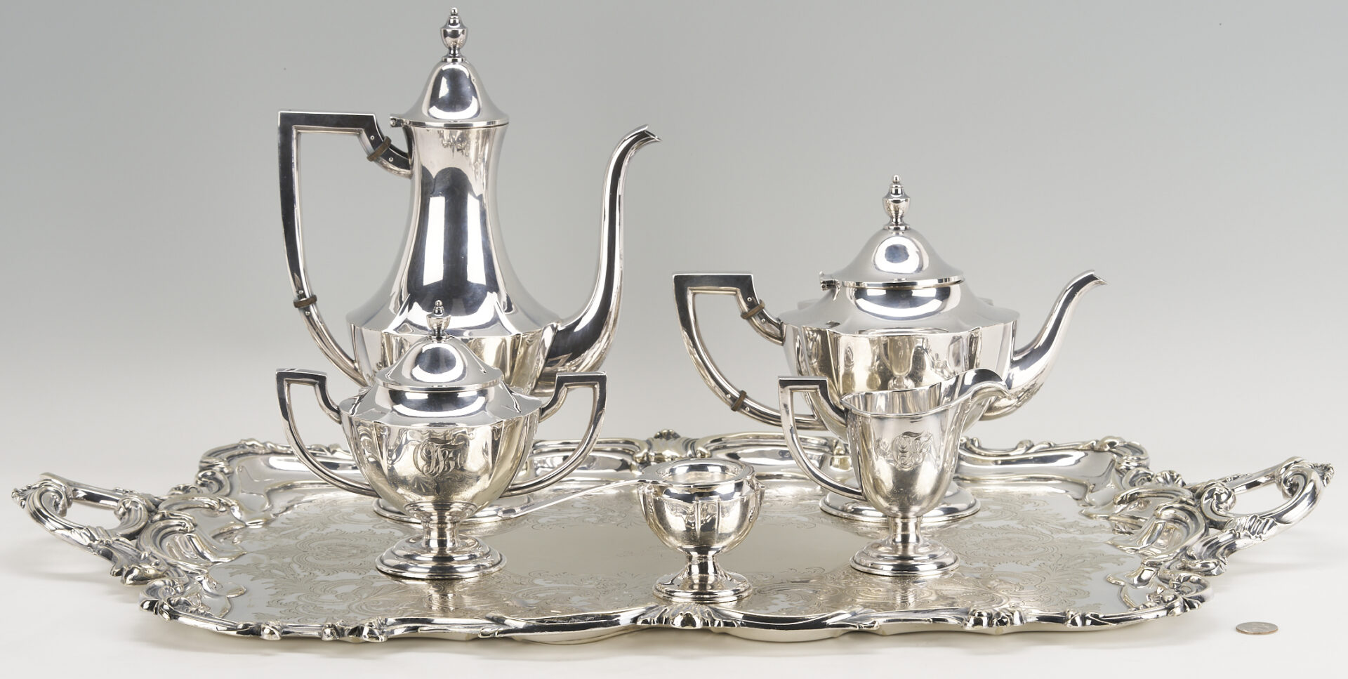 Lot 97: 5-Piece Japanese .950 Sterling Tea Set w/ Plated Tray