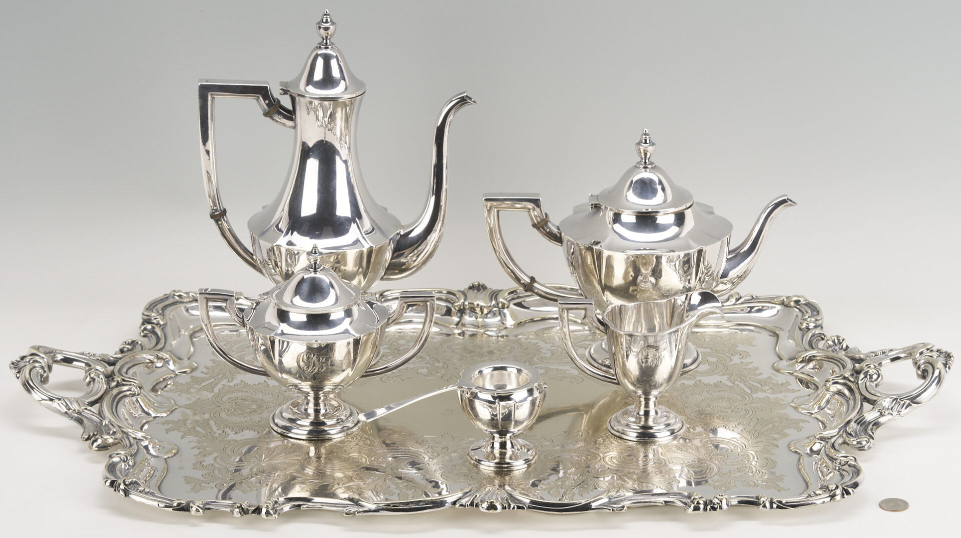 Lot 97: 5-Piece Japanese .950 Sterling Tea Set w/ Plated Tray