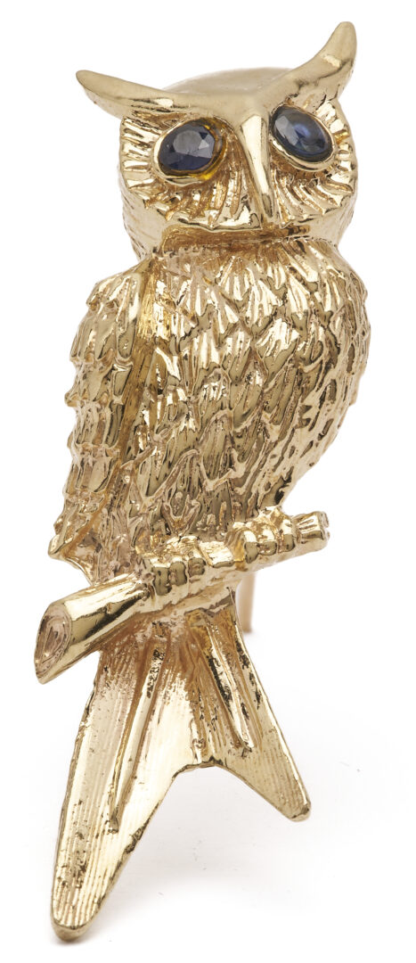 Lot 985: Ladies’ 14K Gold & Sapphire Owl Brooch