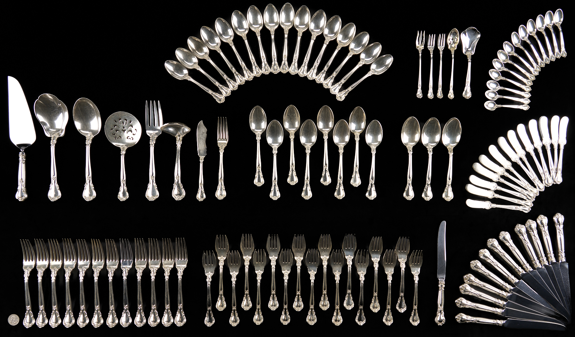 Lot 98: Gorham Chantilly Sterling Flatware, Service for 12, 108 pcs.