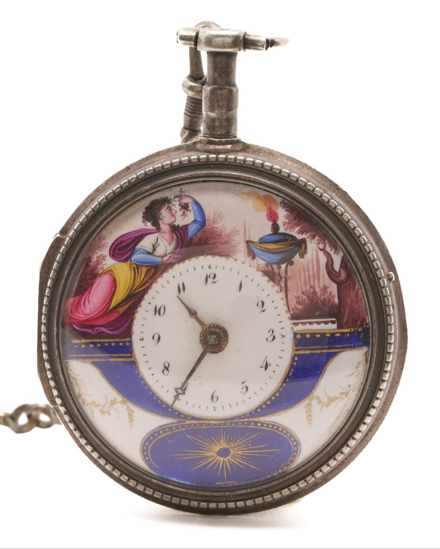 Lot 991: Antique Fusee Pocket Watch w/ Enamel Painted Dial