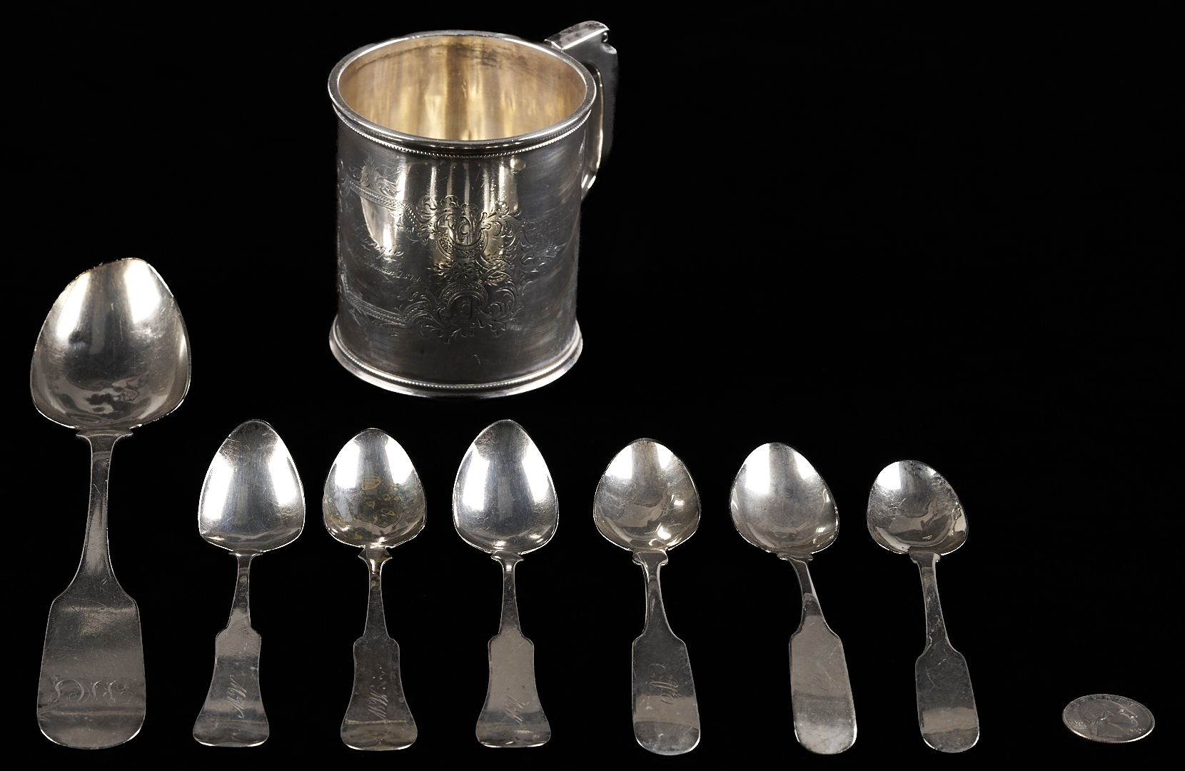 Lot 1000: 8 pcs. Coin and Sterling Silver, Cup and Spoons
