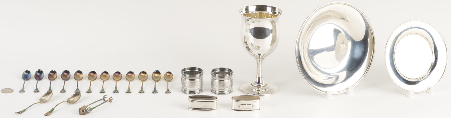 Lot 1010: 8 Antique Sterling Silver Items incl. Enameled Spoons, Napkin Rings