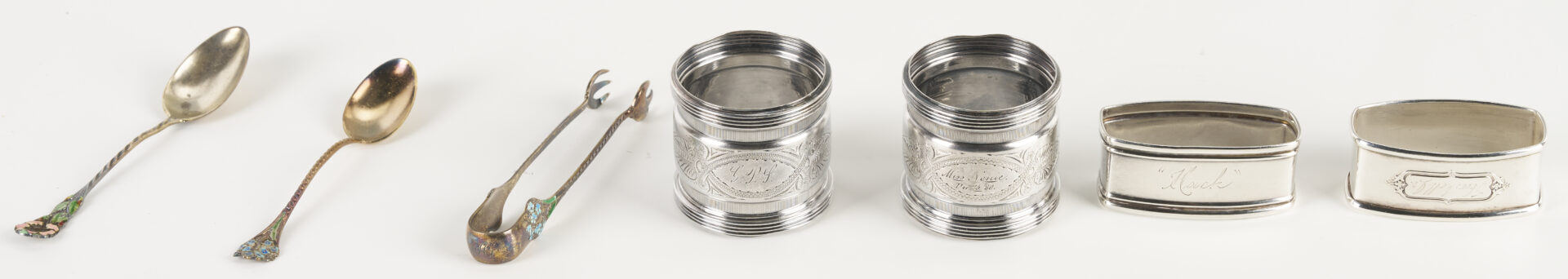 Lot 1010: 8 Antique Sterling Silver Items incl. Enameled Spoons, Napkin Rings