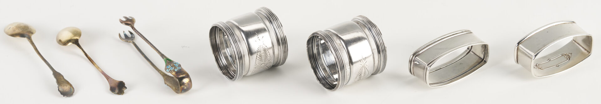 Lot 1010: 8 Antique Sterling Silver Items incl. Enameled Spoons, Napkin Rings