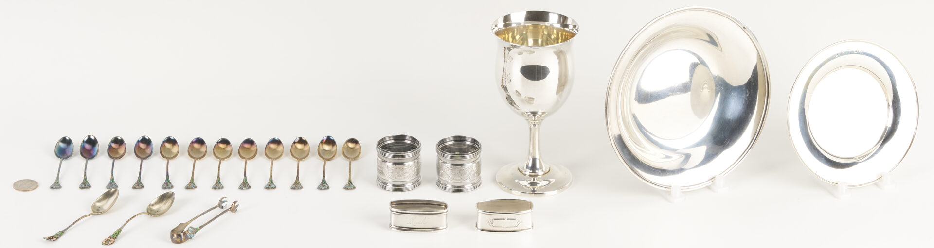 Lot 1010: 8 Antique Sterling Silver Items incl. Enameled Spoons, Napkin Rings