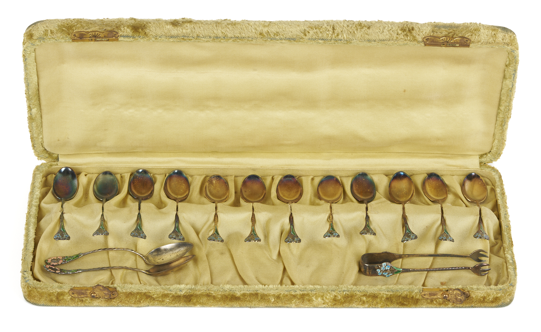 Lot 1010: 8 Antique Sterling Silver Items incl. Enameled Spoons, Napkin Rings