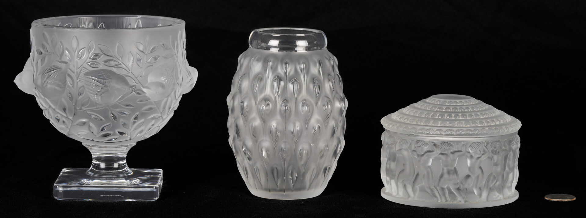 Lot 1015: Three Lalique Items: “Figuera” Vase, “Elizabeth Bowl”, “Enfants” Dresser Box