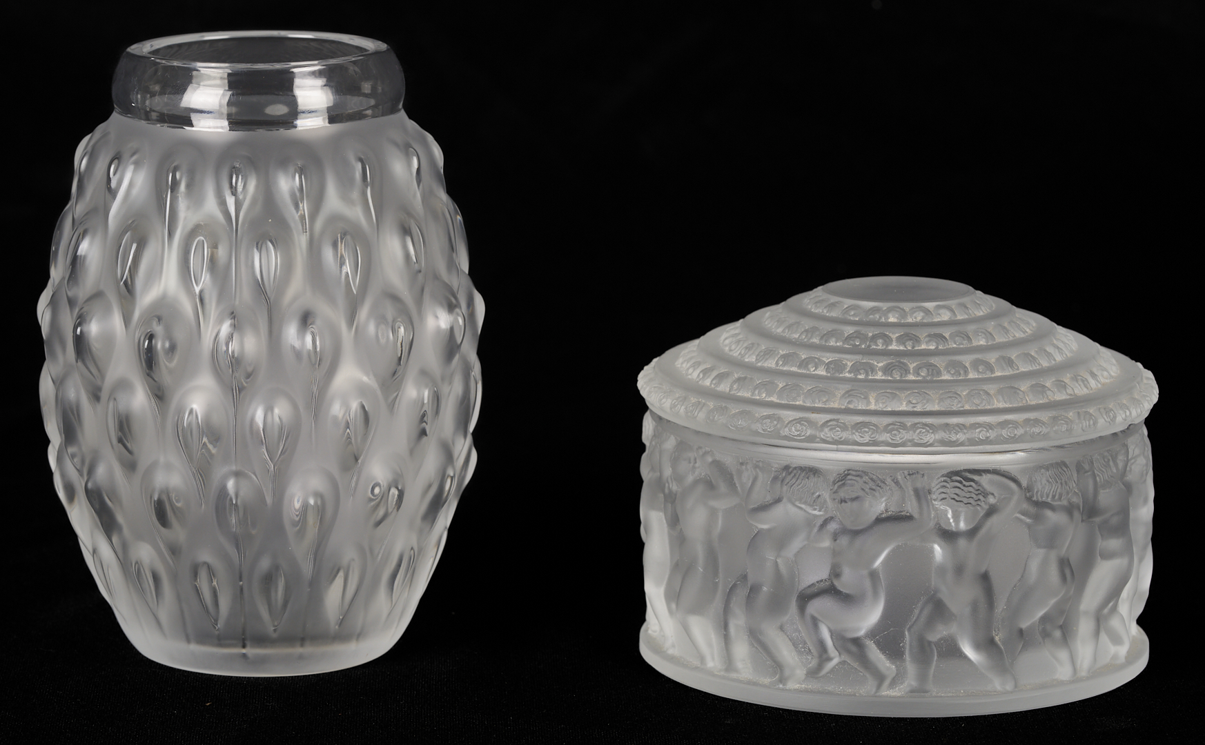 Lot 1015: Three Lalique Items: “Figuera” Vase, “Elizabeth Bowl”, “Enfants” Dresser Box