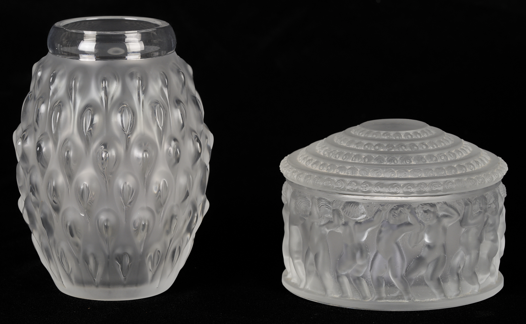 Lot 1015: Three Lalique Items: “Figuera” Vase, “Elizabeth Bowl”, “Enfants” Dresser Box